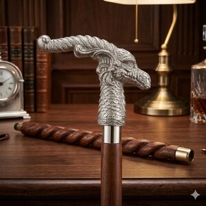 May include: A silver dragon head tops a dark brown wooden cane. The cane has a twisted design and a brass tip. The dragon head is highly detailed, with scales and a textured mane. The cane is displayed on a wooden surface.
