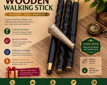 Bastone da passeggio in legno, impugnatura in ottone con finitura nichel, pieghevole in 3 sezioni, fusto nero con design a spirale, regalo per uomo