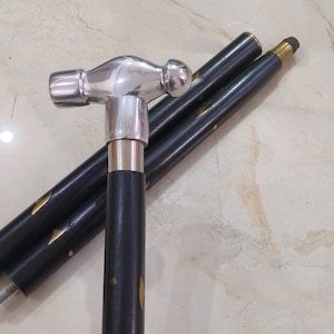 Folding Wooden Walking Stick: Brass Hammer Handle, Nickel Finish