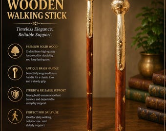 Bastone da passeggio con impugnatura in ottone, bastone in legno di colore marrone, pieghevole in 3 sezioni, regalo per lui, ideale per i viaggi.