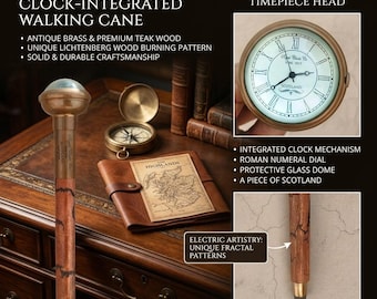Bastone da passeggio in legno con orologio incorporato / Impugnatura in ottone / Fusto realizzato a mano / Regalo per uomo