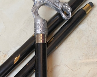 Gehstock mit Drachengriff - Schwarzes Holz, vernickelt