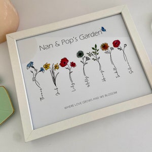 Personalised Birth Month Flower Print Frame with Kids Names, Grandma’s Garden, Gift for Grandparents, Give for Mother, Gift for Friend