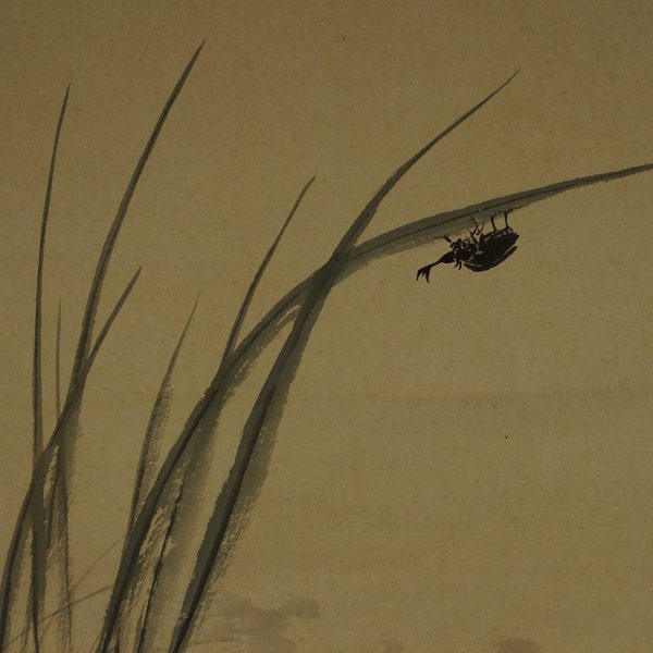 Japanese Kakemono scroll painting - skull beetle on an iris flower