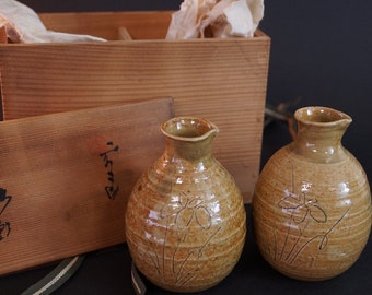 Set of 2 hand-made Japanese Seto sake bottles (Tokkuri) by Yano Totozo