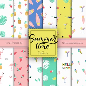 Summer Digital Paper Pack, Beach Digital Paper, Fruits Digital Paper, Flamingo Digital Paper, Ice Cream paper, Surf Print