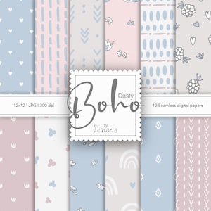 12 Cute Digital Papers, Pink & Blue Boho Scandi Digital Paper Pack, Dusty patterns, Instant download, Digital Scrapbooking, Commercial Use