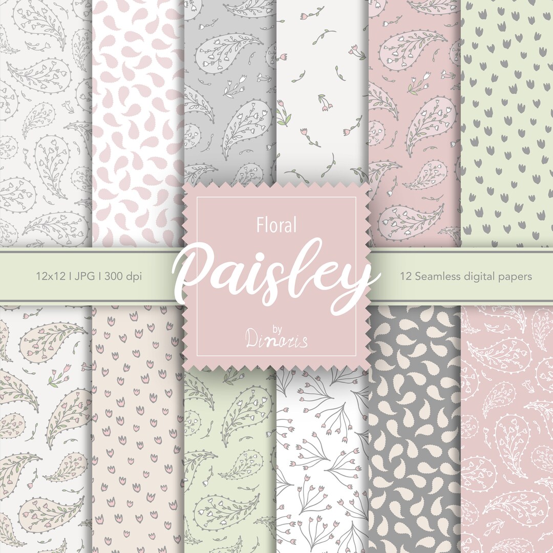 12 Paisley Floral Digital Paper Set, Seamless Textures, Flower Patterns ...