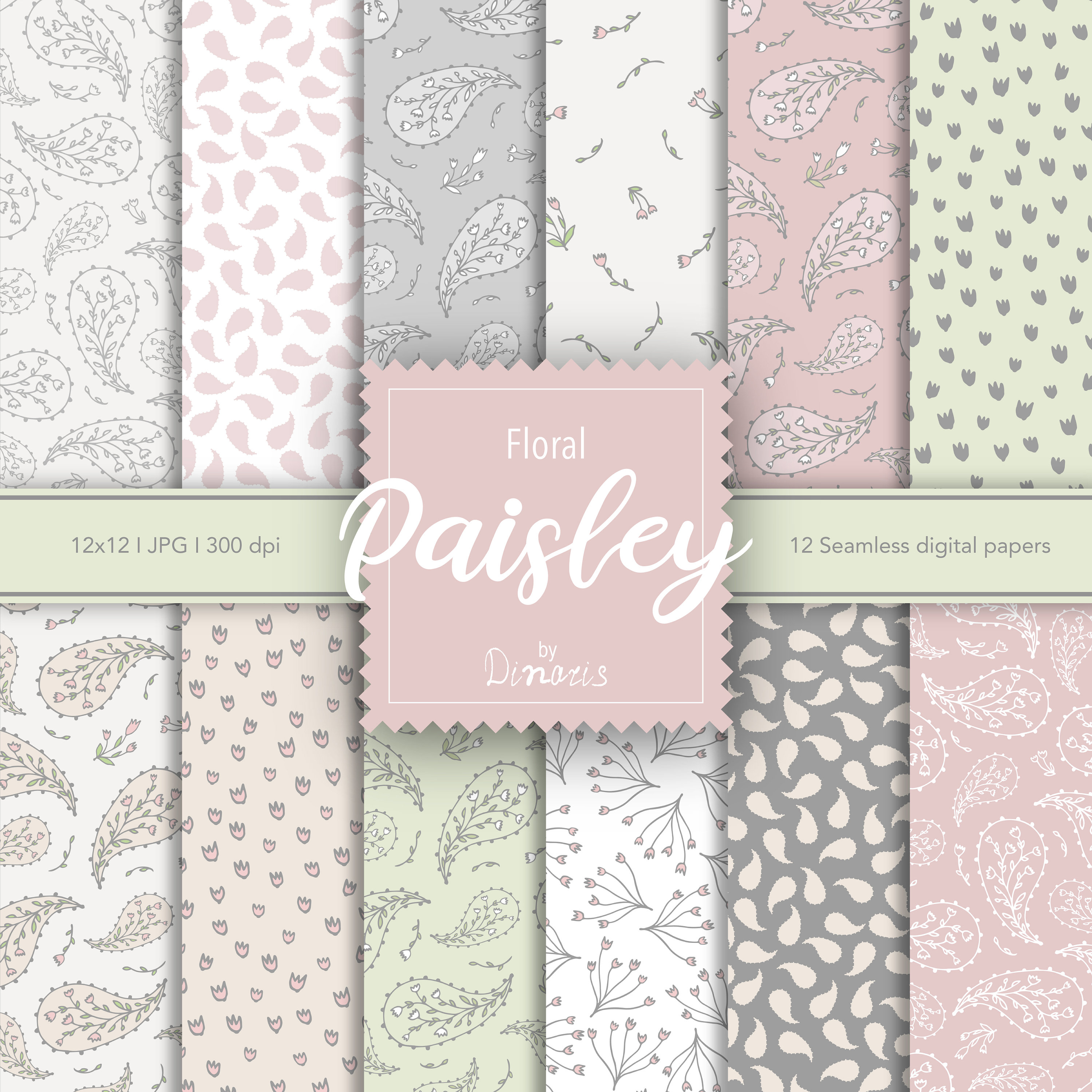 12 Paisley Floral Digital Paper Set, Seamless Textures, Flower Patterns ...