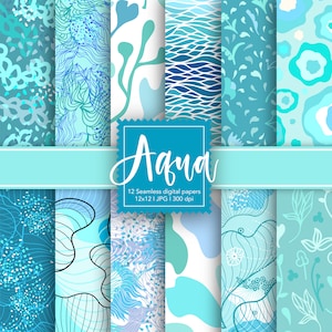12 Digital Seamless Blue Aqua Abstraktes Florales Muster, JPG, Türkis abstrakter Hintergrund, Trendy Print, Digitaler Download, Digitales Muster.