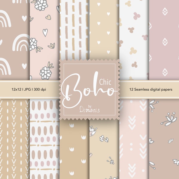 12 Boho Digital Papers, Neutral Boho Digital Paper Set, Neutral pattern, Floral Boho, Instant download, Digital Scrapbooking, Commercial Use