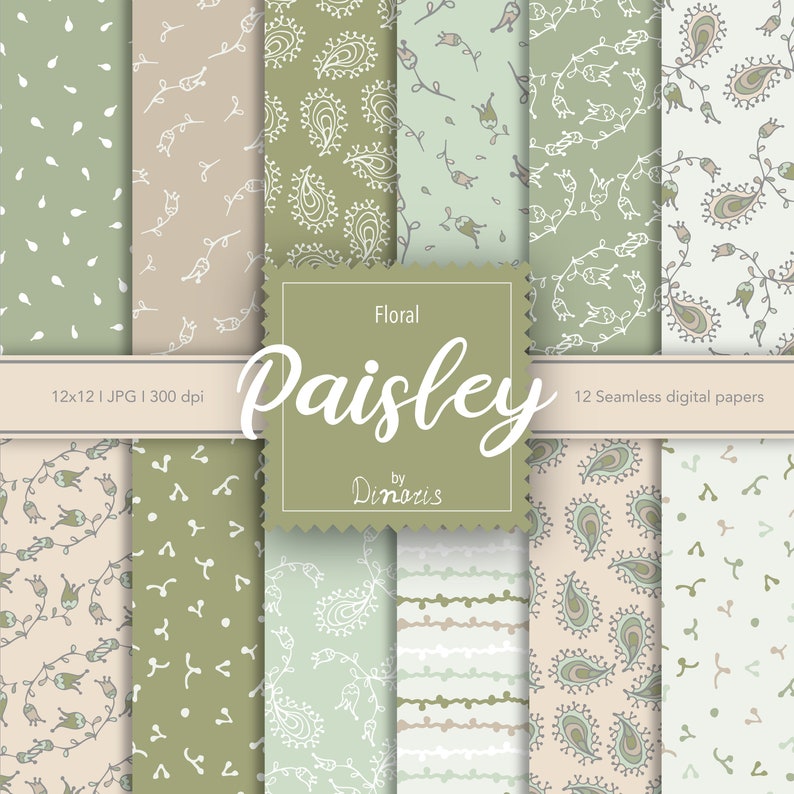 12 Paisley Floral Digital Paper Set, Seamless Textures, Flower Patterns ...