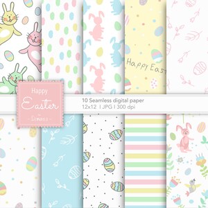 Könnte beinhalten: Zehn digitale Papierdesigns mit Ostern-Motiven. Die Muster umfassen Hasen, Eier, Punkte, Streifen und florale Elemente in Pastellfarben.