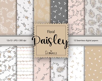 12 Paisley Floral Digital Paper Set, Seamless Textures, Flower Patterns, Boho Digital Paper, Eastern Pattern, Printable, Commercial Use