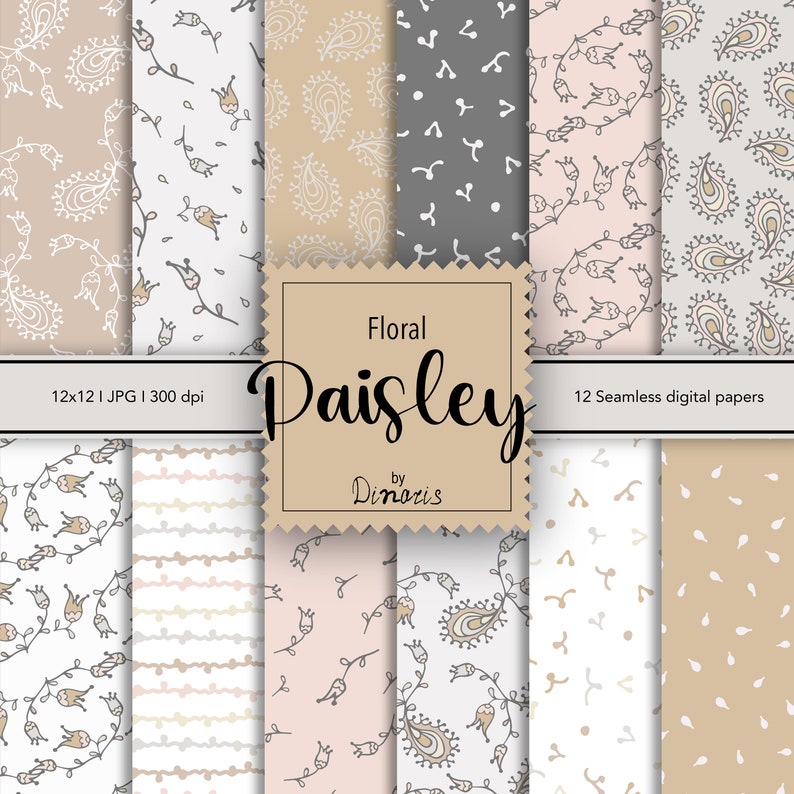 12 Paisley Floral Digital Paper Set, Seamless Textures, Flower Patterns ...