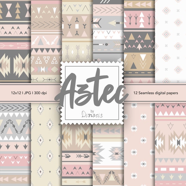 12 Aztec Boho tribal ethnic digital pattern, JPEG, Native Digital Paper Pack, Scrapbooking pages, background, pattern, Aztec, Navajo, Tribal