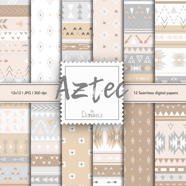 12 Aztec Boho tribal ethnic digital papers, JPG, Native Digital Paper Pack, Scrapbooking pages, background, pattern, Aztec, Navajo, Tribal