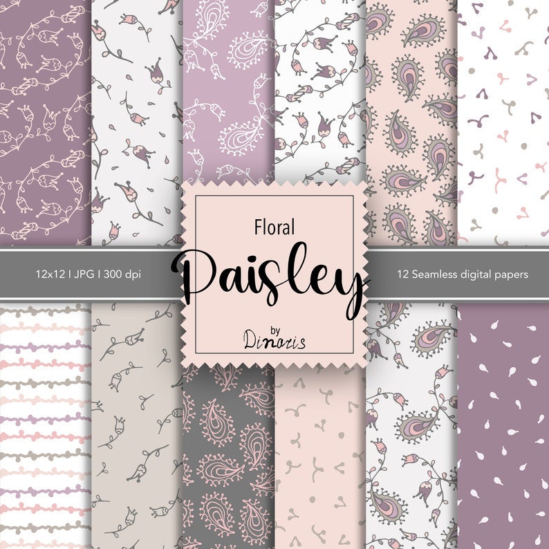 12 Paisley Floral Digital Paper Set, Seamless Textures, Flower Patterns ...