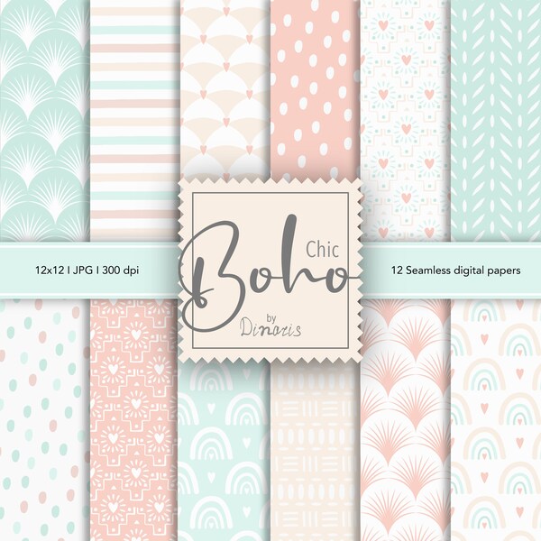 12 Boho Digital Papers, Boho Chic Digital Paper Pack, Spring patterns, Instant download, Digital Scrapbooking, Commercial Use, Boho Print