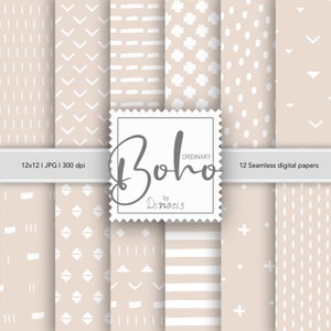 12 Boho Digital Papers, Gewone Beige Boho Digital Paper Pack, Neutrale patronen, Instant download, Digitale Scrapbooking, Commercieel Gebruik