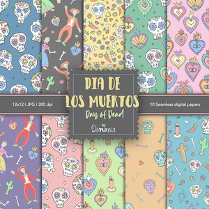 Ensemble de 10 papiers numériques Dia de Los Muertos, impression Day of Dead, papier Halloween, modèle de couple en sucre, papier coeur Milagros, sans couture, mexicain