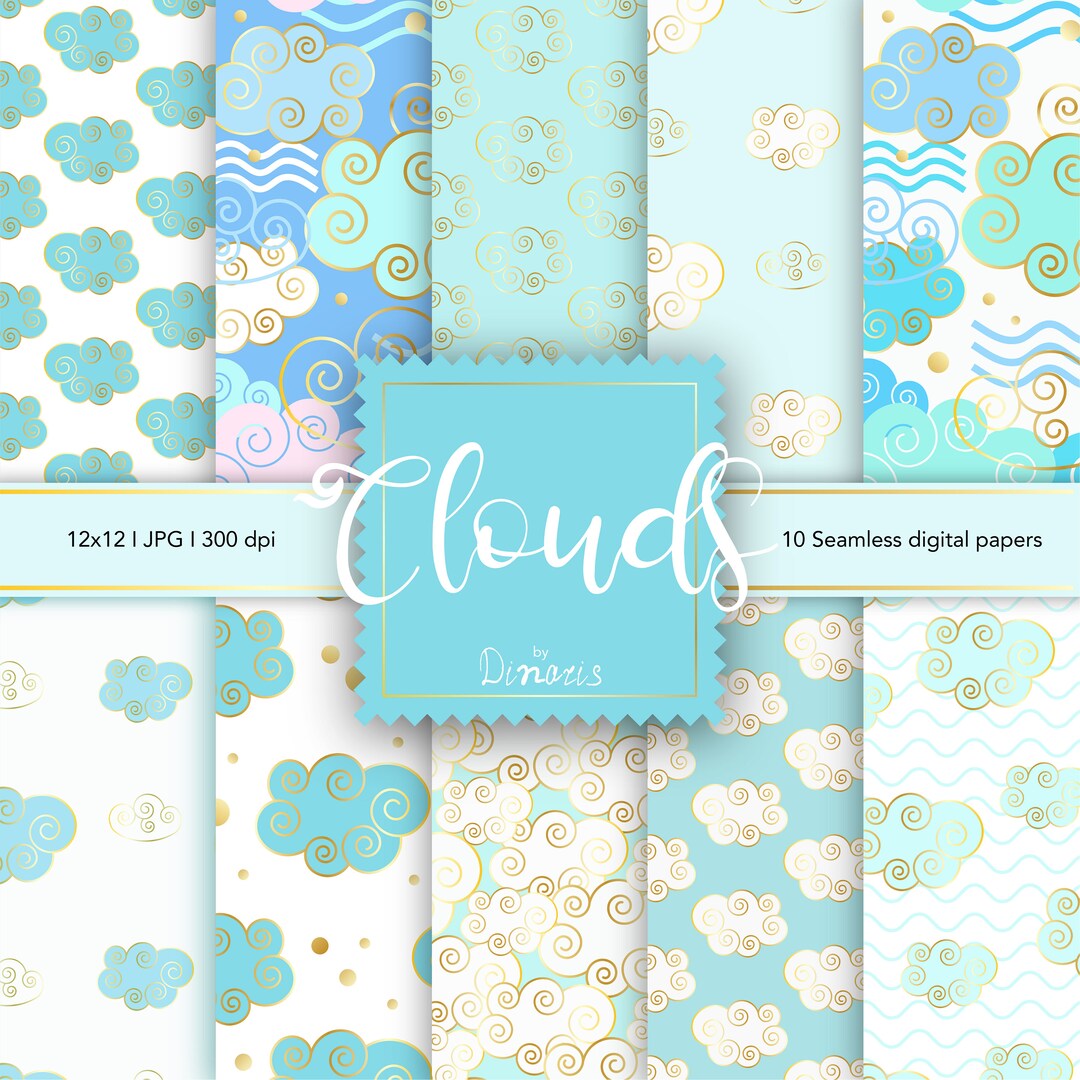 10 Digital Seamless Blue Clouds Gold Elements Pattern, JPG, Turquoise ...