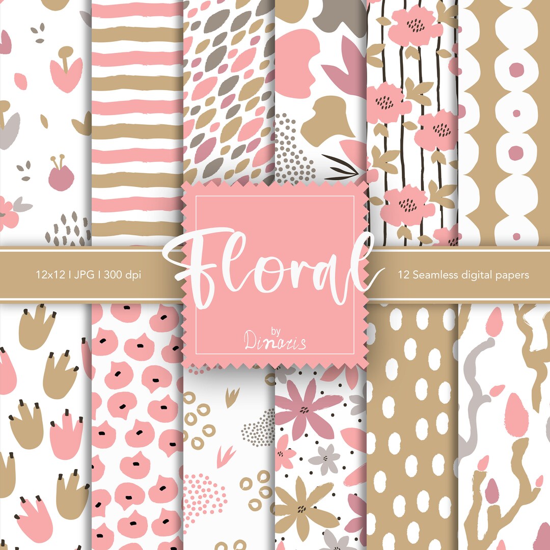 12 Neutral Floral Digital Paper Set, Seamless Textures, Flower Patterns ...