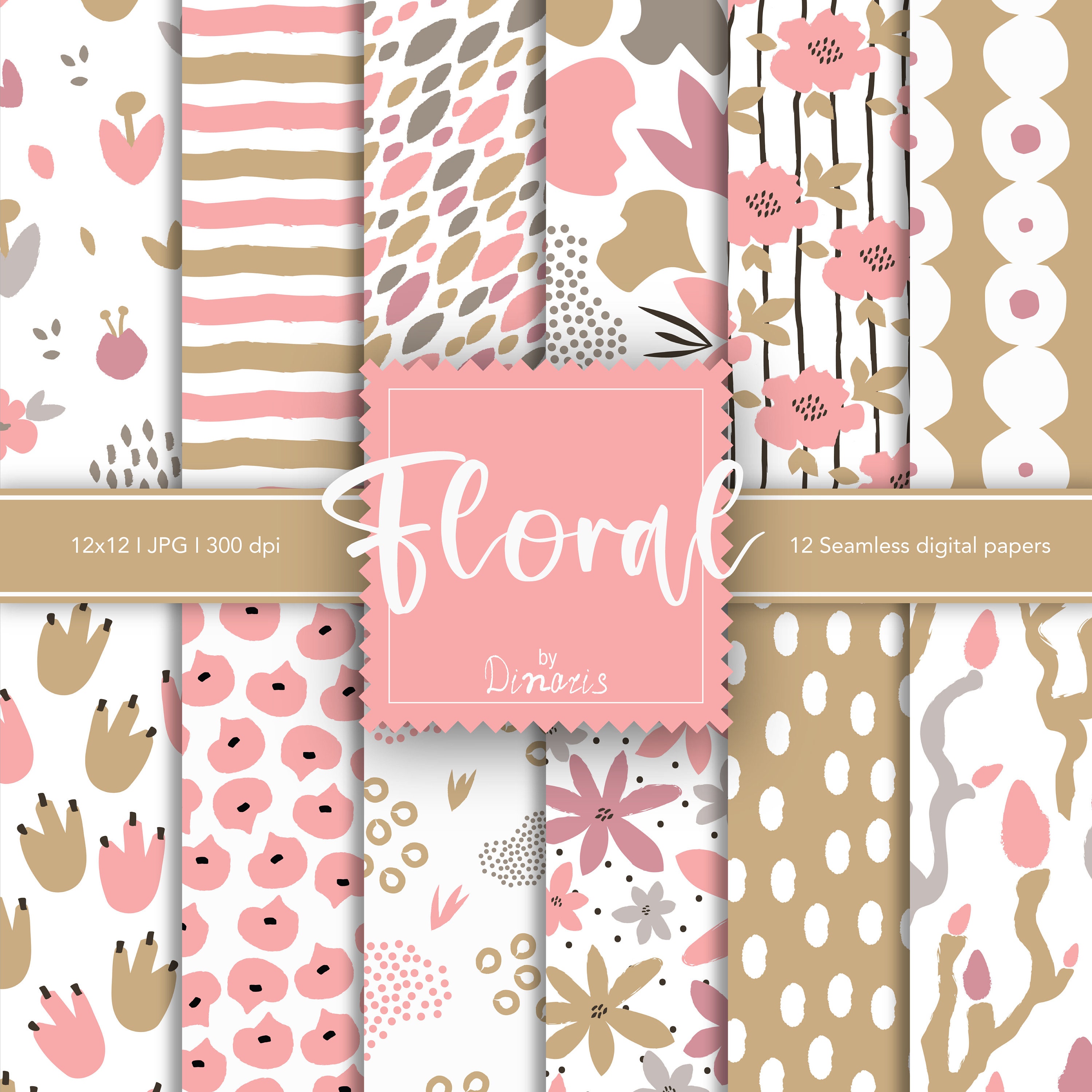 12 Neutral Floral Digital Paper Set, Seamless Textures, Flower Patterns ...