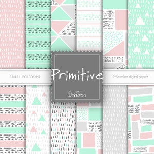 12 Primitive Abstract Digital Papers Set, motif scandinave, papier boho, impression rose et bleue, motif coloré simple, utilisation commerciale