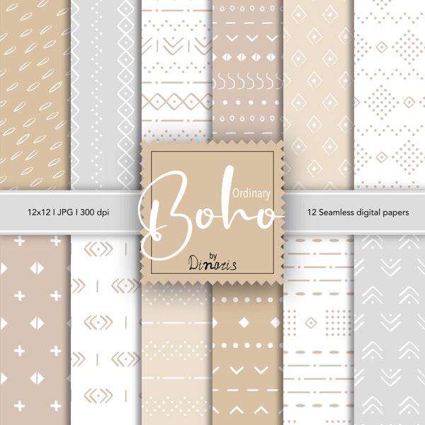 12 Boho Digital Papers, Ordinary Beige Boho Digital Paper Pack, Neutral patterns, Instant download, Digital Scrapbooking, Commercial Use