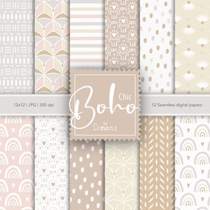 12 documenti digitali Boho, pacchetto di carta digitale Boho Chic neutro, modelli neutri, download istantaneo, Scrapbooking digitale, uso commerciale
