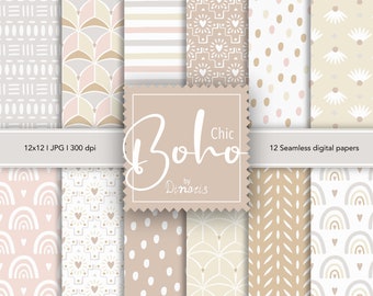 12 Boho Digital Papers, Neutral Boho Chic Digital Paper Pack, Neutral patterns, Instant download, Digital Scrapbooking, Commercial Use