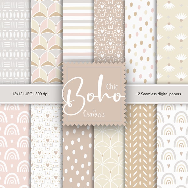 12 Boho Digital Papers, Neutral Boho Chic Digital Paper Pack, Neutral patterns, Instant download, Digital Scrapbooking, Commercial Use