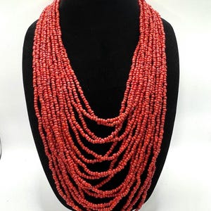Monies Gerda Lynggaard vintage red coral glass bead multi strand wood buckle necklace 22 in