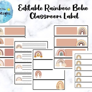 May include: Editable rainbow boho classroom labels with a pink, brown, and white color scheme. The labels feature a rainbow with clouds and hearts. The text "Editable Rainbow Boho Classroom Label" is at the top of the image.
