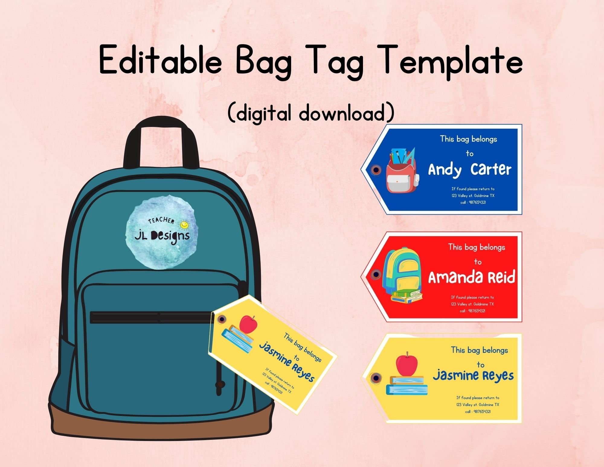 Aluminum ID Tag Tassen & portemonnees Bagage & Reizen Bagagelabels Personalized Kids School Bag ID Tag BLOCK1 Gift Idea Luggage Bag Tag 