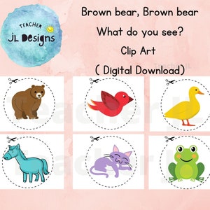 May include: A printable worksheet with six images of animals, including a brown bear, a red bird, a yellow duck, a blue horse, a purple cat, and a green frog. Each image is surrounded by a dashed line, suggesting that they can be cut out.