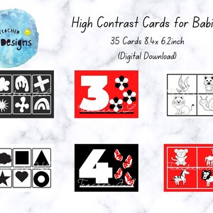 Cartes de naissance imprimables à contraste élevé. Cartes flash, stimulation du nourrisson, formes noires, blanches et rouges pour bébés PDF à télécharger