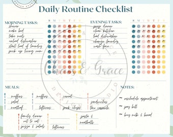 May include: A printable daily routine checklist with a colorful design. The checklist includes sections for morning tasks, evening tasks, meals, and notes. The checklist is designed to be used for a week, with each day of the week represented by a column. The checklist is perfect for people who want to stay organized and on track with their daily routines.