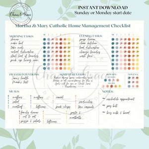 Catholic home management planner, simple one page planner printable, menu planner, daily routine checklist, rosary tracker, Martha & Mary