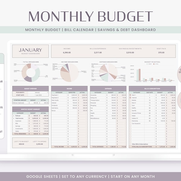 Monthly Budget Spreadsheet - Pastel | Google Sheets Budget Template, Monthly Budget Template, Monthly Planner, Excel Financial Planner