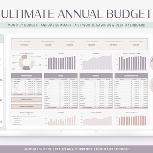 Foglio di calcolo del budget annuale / Modello di budget di Google Sheets, Pianificatore di budget mensile, Pianificatore finanziario, Patrimonio netto, Budget annuale, Busta paga