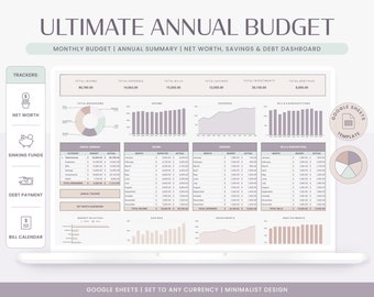 Annual Budget Spreadsheet | Google Sheets Budget Template, Monthly Budget Planner, Finance Planner, Net Worth, Yearly Budget, Paycheck