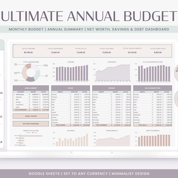 Annual Budget Spreadsheet | Google Sheets Budget Template, Monthly Budget Planner, Finance Planner, Net Worth, Yearly Budget, Paycheck