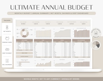 Annual Budget Spreadsheet | Google Sheets Budget Template, Monthly Budget Planner, Financial Planner, Net Worth Tracker, Bill Tracker