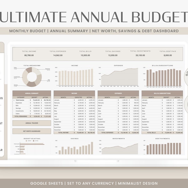 Annual Budget Spreadsheet | Google Sheets Budget Template, Monthly Budget Planner, Financial Planner, Net Worth Tracker, Bill Tracker