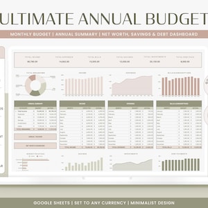 Annual Budget Spreadsheet | Google Sheets Budget Template, Yearly and Monthly Budget, Finance Planner, Net Worth Tracker, Bill Tracker, Debt