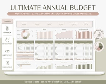 Annual Budget Spreadsheet | Google Sheets Budget Template, Yearly and Monthly Budget, Finance Planner, Net Worth Tracker, Bill Tracker, Debt