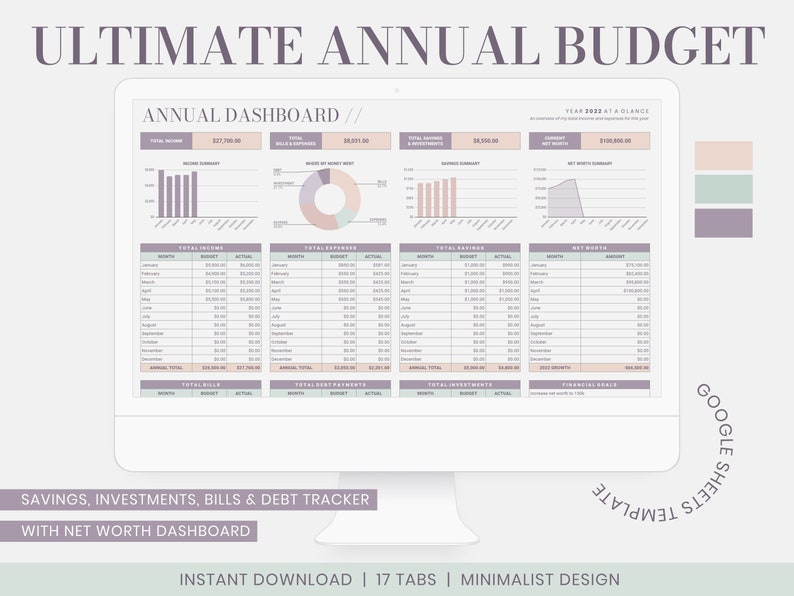 Annual Budget Spreadsheet | Google Sheets Budget Template, Monthly Budget Planner, Finance Planner, Net Worth, Yearly Budget, Pastel 