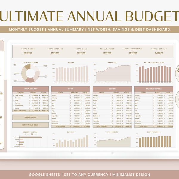 Annual Budget Spreadsheet | Google Sheets Budget Template, Monthly Budget Planner, Finance Planner, Net Worth Tracker, Bill Tracker